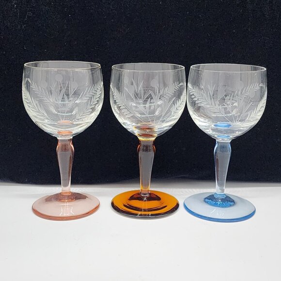 Unbranded Other - Set Of 3 Vintage Etched Glass Goblets With Pink Amber & Blue Stems Floral Design
